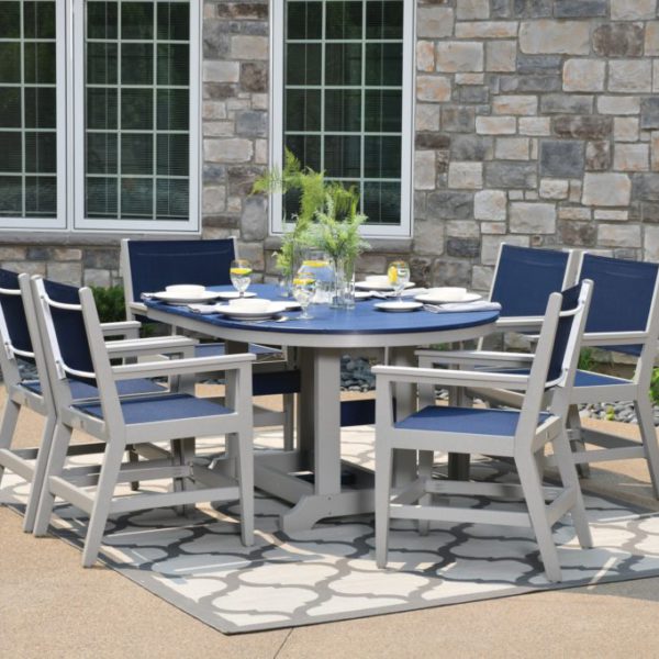 44 x 64 Round Garden Classic Table and Sling Chairs - Navy Blue on Light Gray