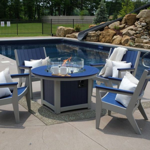 Donoma Round Fire Pit and Mayhew Chat Chairs in Navy Blue on Light Gray