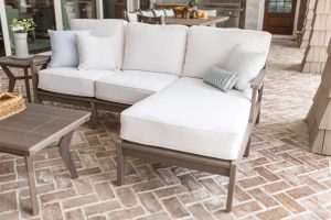 Mayhew Right Arm Chaise Lounge in Coastal Gray with a Mayhew Loveseat (left arm). Cushions in Iona Alabaster