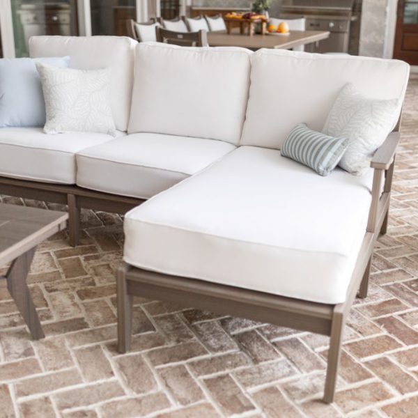 Mayhew Right Arm Chaise Lounge in Coastal Gray with a Mayhew Loveseat (left arm). Cushions in Iona Alabaster