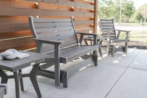 Bristol Double Glider and Single Glider in Coastal Gray on Driftwood Gray with Mayhew Square End Tables in Coastal Gray.