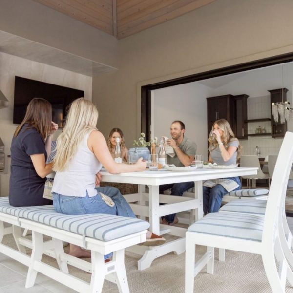 GC 66 Square Table, Parker Chairs, and Harbor 66 Bench in White. Cushions in Unwind Sky