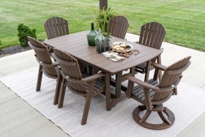 Garden Classic 44” x 72” Rectangular Dining Table in Brazilian Walnut. Comfo Back Dining Chairs and Comfo Back Swivel Rocker Dining Chairs in Brazilian Walnut Garden Classic 44” x 72” Rectangular Dining Table in Brazilian Walnut. Comfo Back Dining Chairs and Comfo Back Swivel Rocker Dining Chairs in Brazilian Walnut